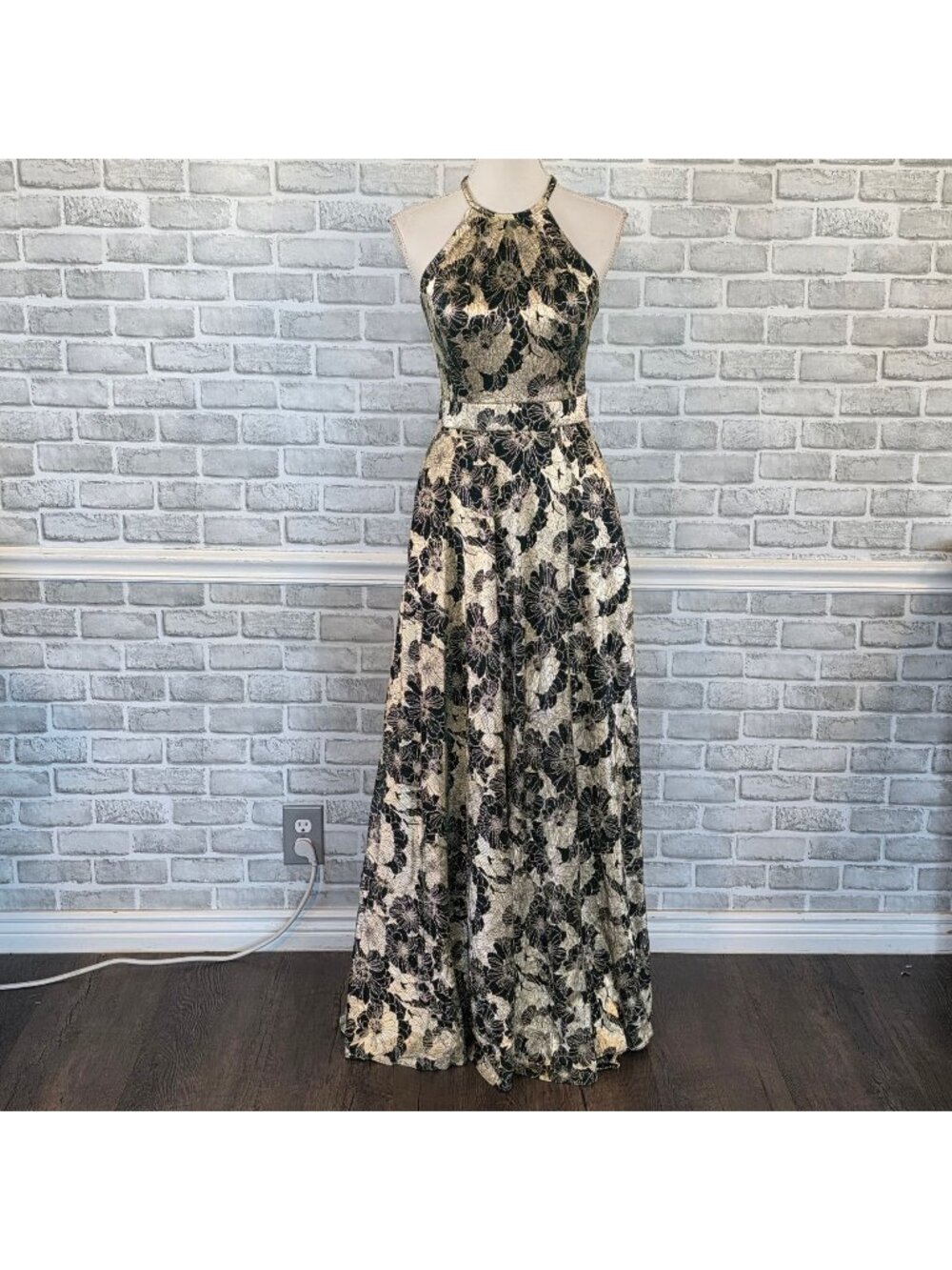 Betsy & Adam Ethereal Midnight Floral Gown Gold Metallic Halter Maxi Train 4